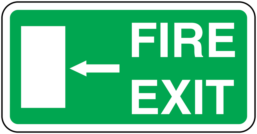 Green fire exit sticker sign with white border, “FIRE EXIT” text, and left arrow