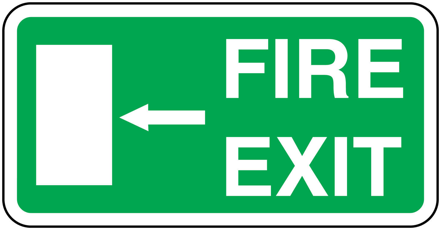 Green fire exit sticker sign with white border, “FIRE EXIT” text, and left arrow