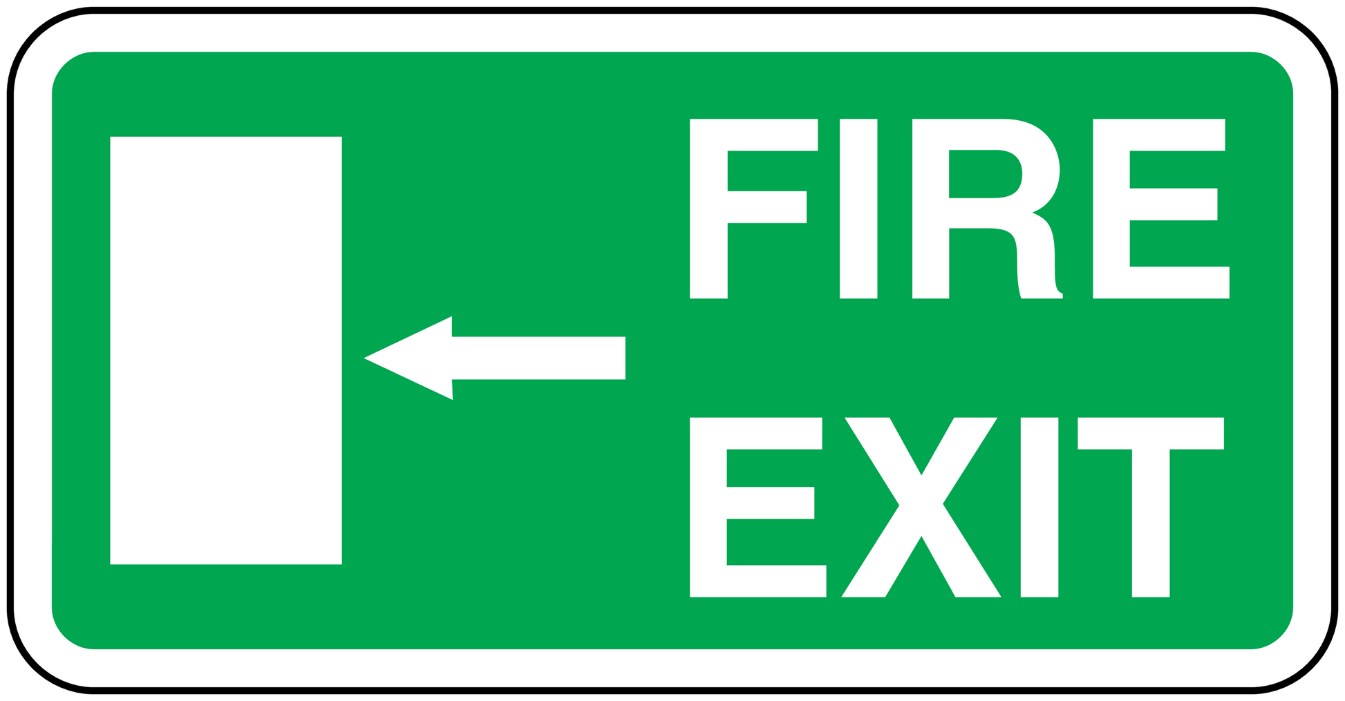 Green fire exit sticker sign with white border, “FIRE EXIT” text, and left arrow
