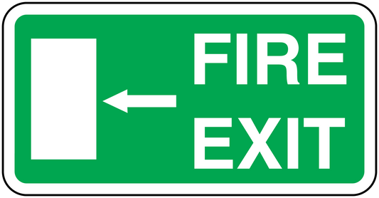 Green fire exit sticker sign with white border, “FIRE EXIT” text, and left arrow