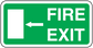 Green fire exit sticker sign with white border, “FIRE EXIT” text, and left arrow