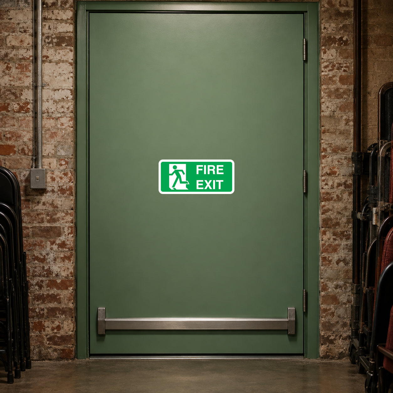 Rectangular green fire exit sticker with white runner and text FIRE EXIT