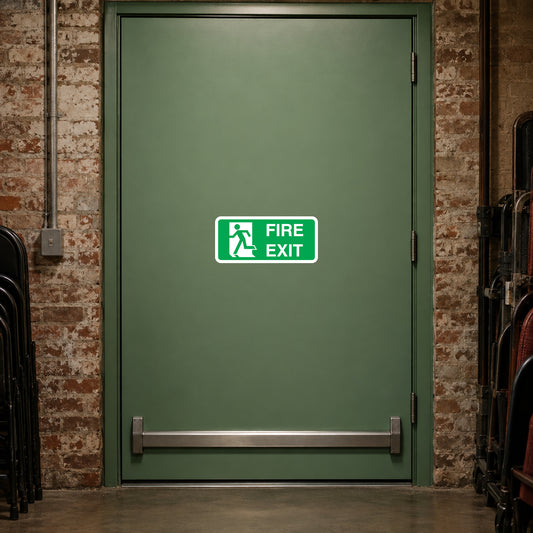 Rectangular green fire exit sticker with white runner and text FIRE EXIT