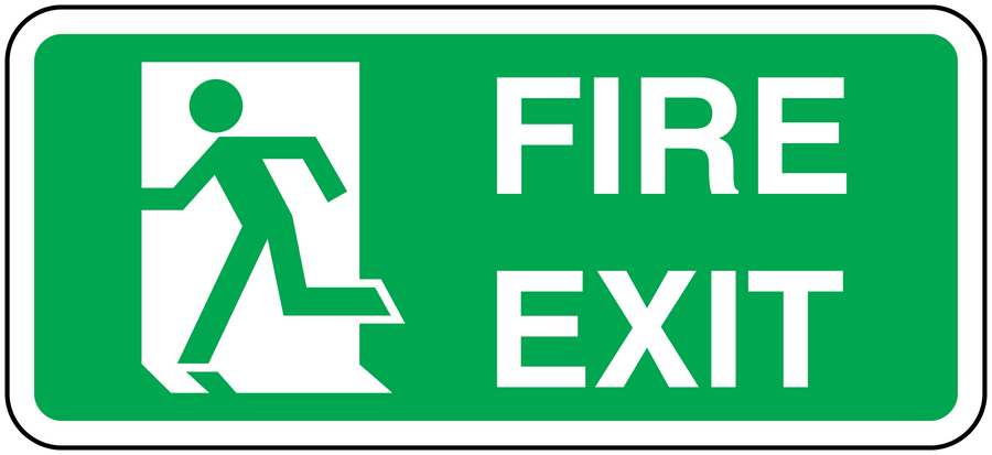 Green fire exit emergency sticker with white running figure and FIRE EXIT text