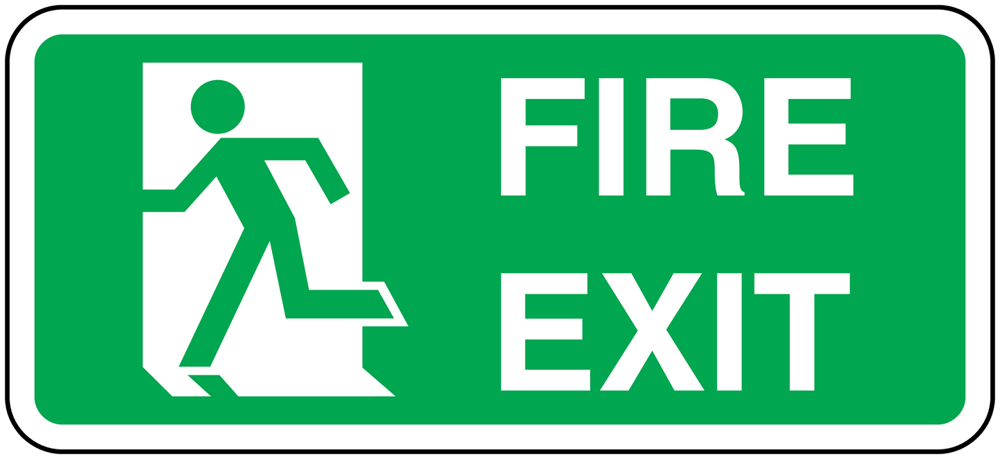 Green fire exit emergency sticker with white running figure and FIRE EXIT text