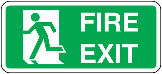 Green fire exit emergency sticker with white running figure and FIRE EXIT text