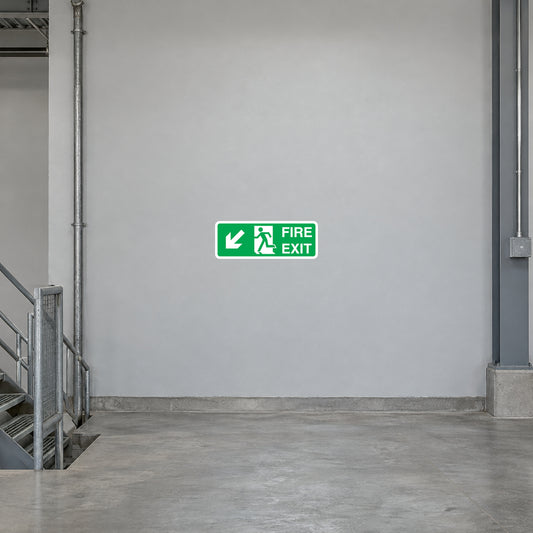 Emergency fire exit sticker with green background, running figure, and “FIRE EXIT” text