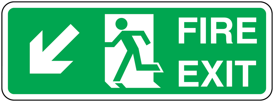 Green fire exit down sticker with left arrow, running figure, and FIRE EXIT text