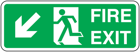 Green fire exit down sticker with left arrow, running figure, and FIRE EXIT text