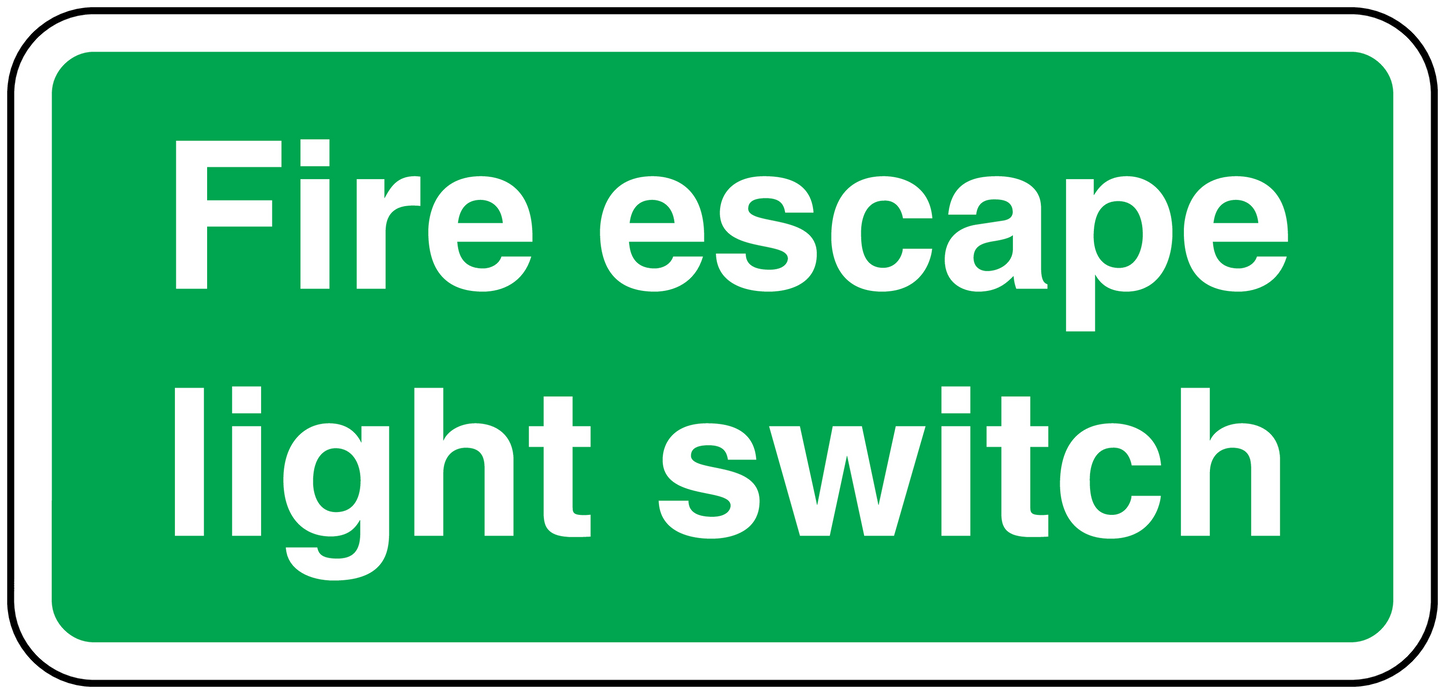 Green light switch sticker with white text “Fire escape light switch”