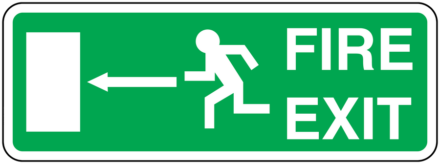 Green fire exit emergency sticker with FIRE and EXIT text and running figure arrows