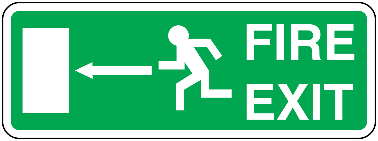 Green fire exit emergency sticker with FIRE and EXIT text and running figure arrows