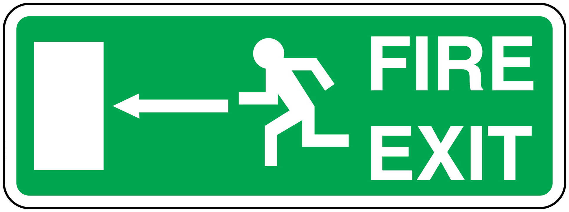 Green fire exit emergency sticker with FIRE and EXIT text and running figure arrows