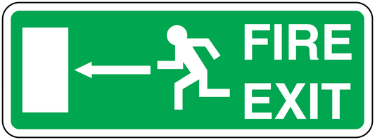 Green fire exit emergency sticker with FIRE and EXIT text and running figure arrows