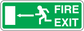 Green fire exit emergency sticker with FIRE and EXIT text and running figure arrows