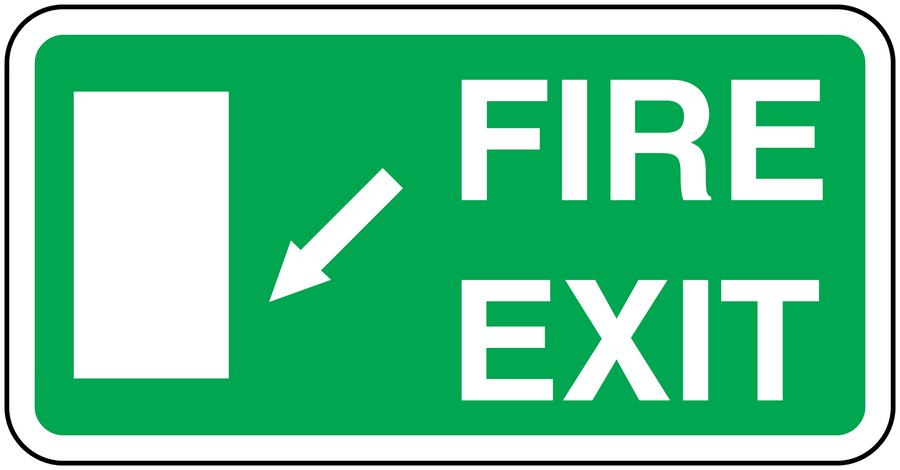 Green fire exit sticker with white arrow and text: FIRE EXIT