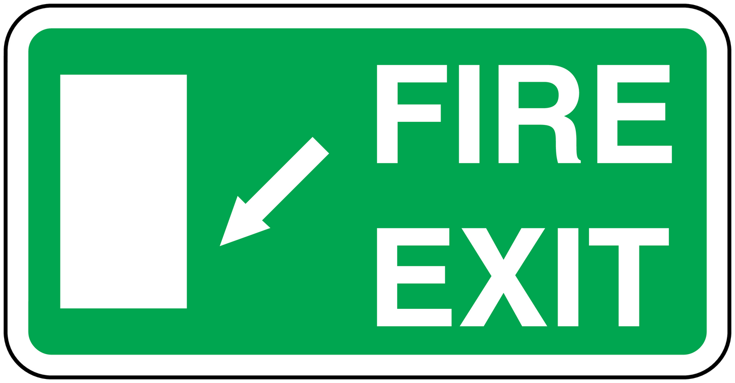 Green fire exit sticker with white arrow and text: FIRE EXIT