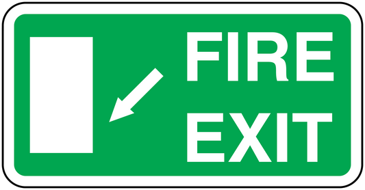 Green fire exit sticker with white arrow and text: FIRE EXIT