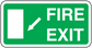 Green fire exit sticker with white arrow and text: FIRE EXIT