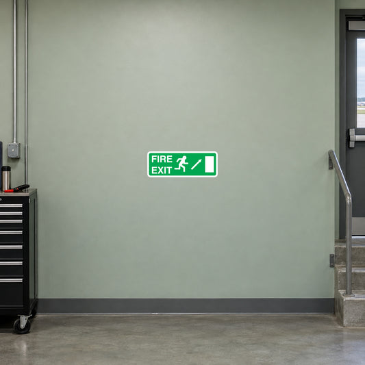 Fire exit sticker with green border, FIRE EXIT text, running icon and right arrow