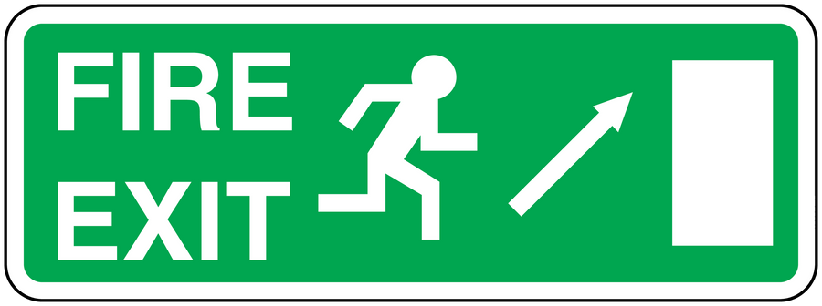 Emergency fire exit sticker, green with white FIRE EXIT text, running man and arrows, blank panel