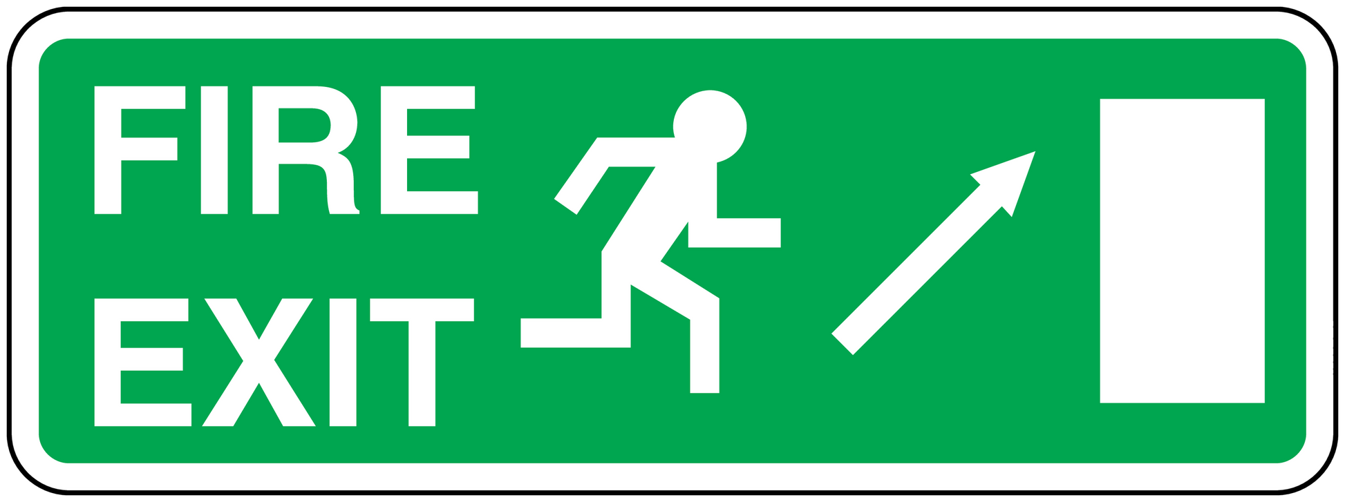 Emergency fire exit sticker, green with white FIRE EXIT text, running man and arrows, blank panel