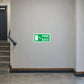 Green rounded-rectangle fire exit safety sticker with left arrow and running figure