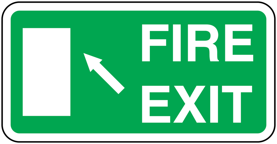 Rounded rectangle fire exit sticker, green background with white FIRE EXIT and left arrow