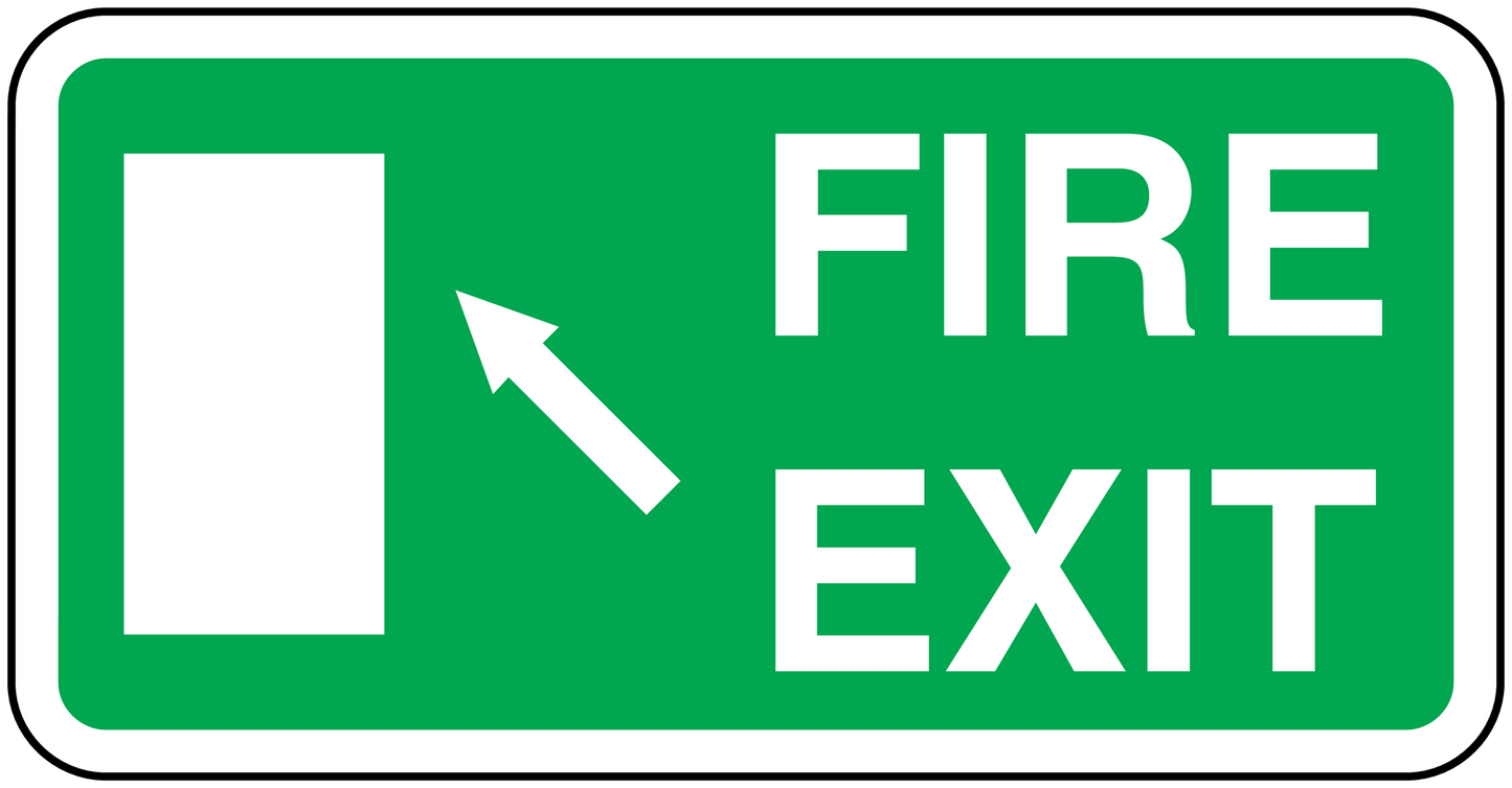 Rounded rectangle fire exit sticker, green background with white FIRE EXIT and left arrow