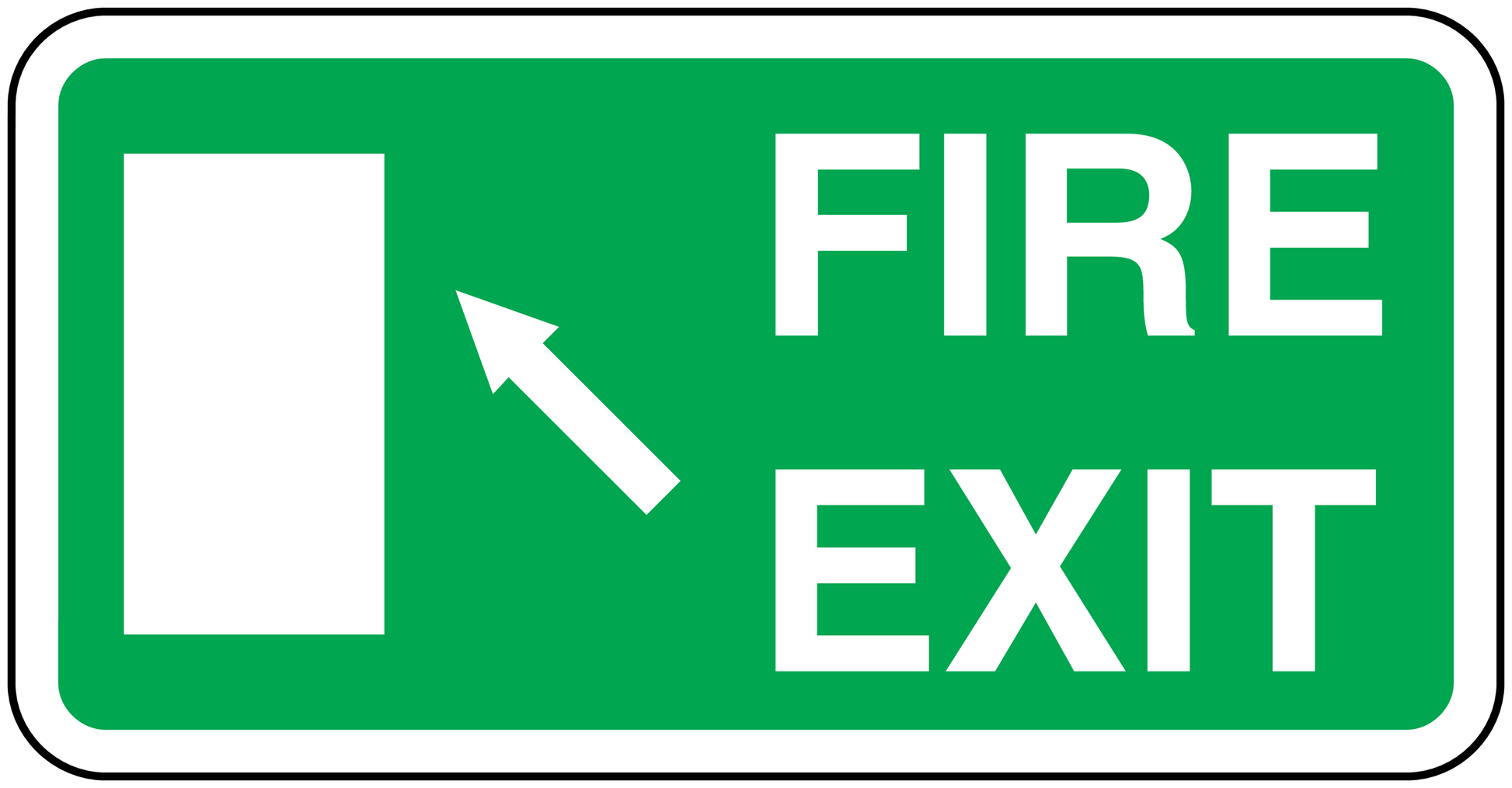 Rounded rectangle fire exit sticker, green background with white FIRE EXIT and left arrow