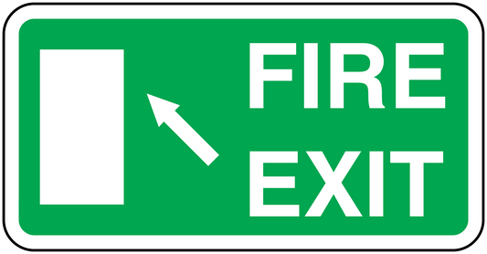 Rounded rectangle fire exit sticker, green background with white FIRE EXIT and left arrow