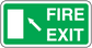 Rounded rectangle fire exit sticker, green background with white FIRE EXIT and left arrow