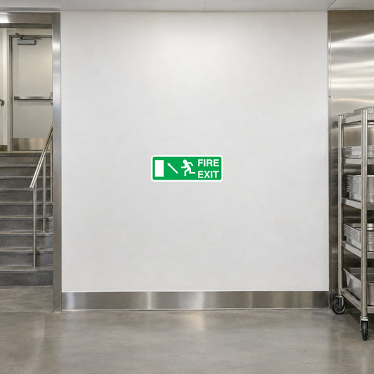 Fire exit here sticker with green border and white pictogram, includes “FIRE EXIT” text
