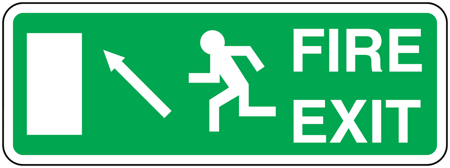 Green fire exit sticker with white border, arrows, person icon, and 'FIRE EXIT' text