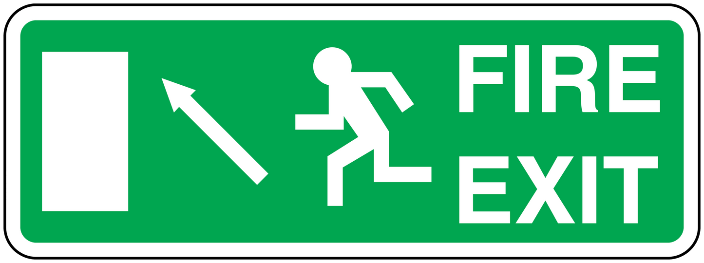 Green fire exit sticker with white border, arrows, person icon, and 'FIRE EXIT' text