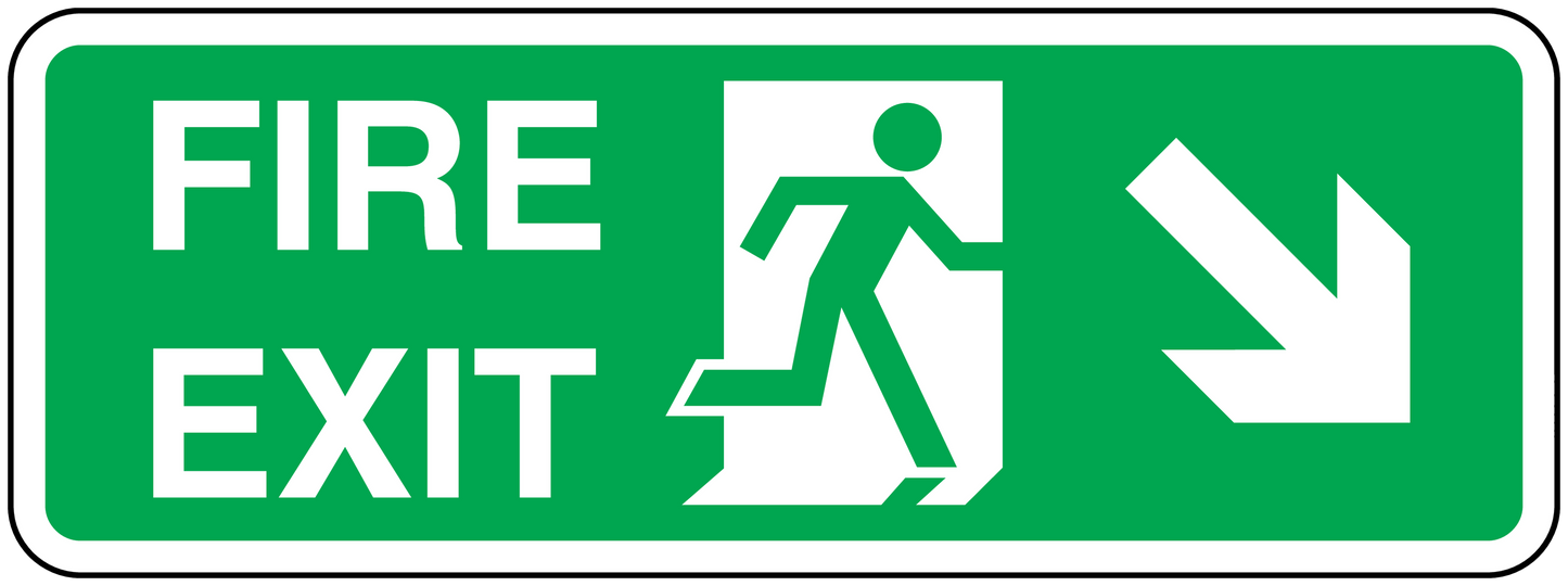 Fire exit down-right sticker with FIRE EXIT text and white arrow