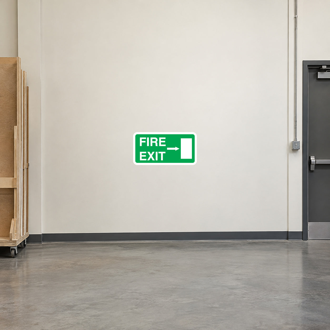 Fire exit sticker, green sign with right arrow and 'FIRE EXIT' text