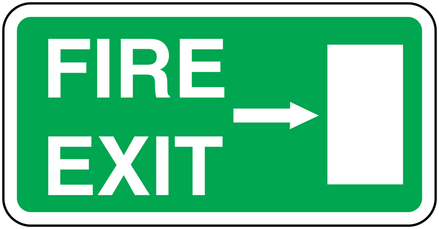 Fire exit sticker with green background, white FIRE EXIT text, right-pointing arrow
