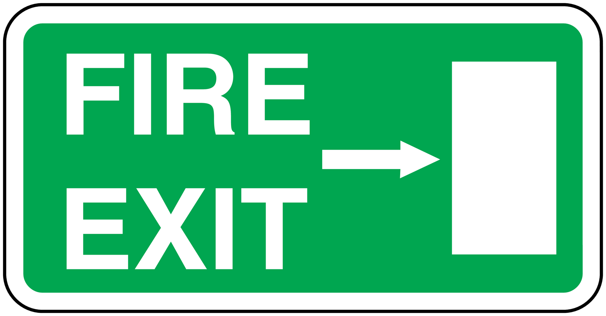 Fire exit sticker with green background, white FIRE EXIT text, right-pointing arrow