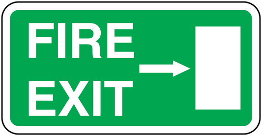 Fire exit sticker with green background, white FIRE EXIT text, right-pointing arrow