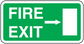 Fire exit sticker with green background, white FIRE EXIT text, right-pointing arrow