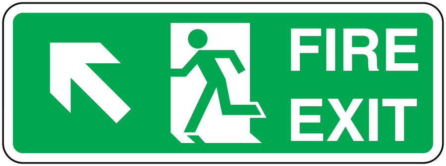 Green fire exit sticker with left arrow, running figure, and “FIRE EXIT” text
