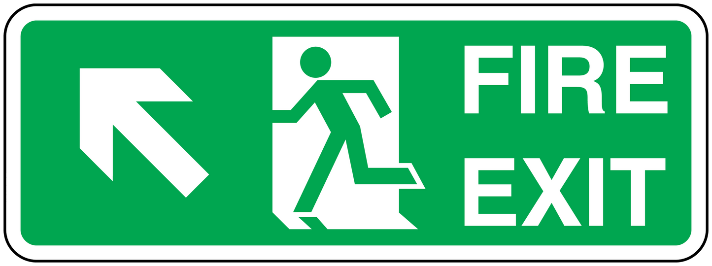 Green fire exit sticker with left arrow, running figure, and “FIRE EXIT” text