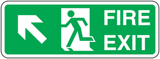 Green fire exit sticker with left arrow, running figure, and “FIRE EXIT” text