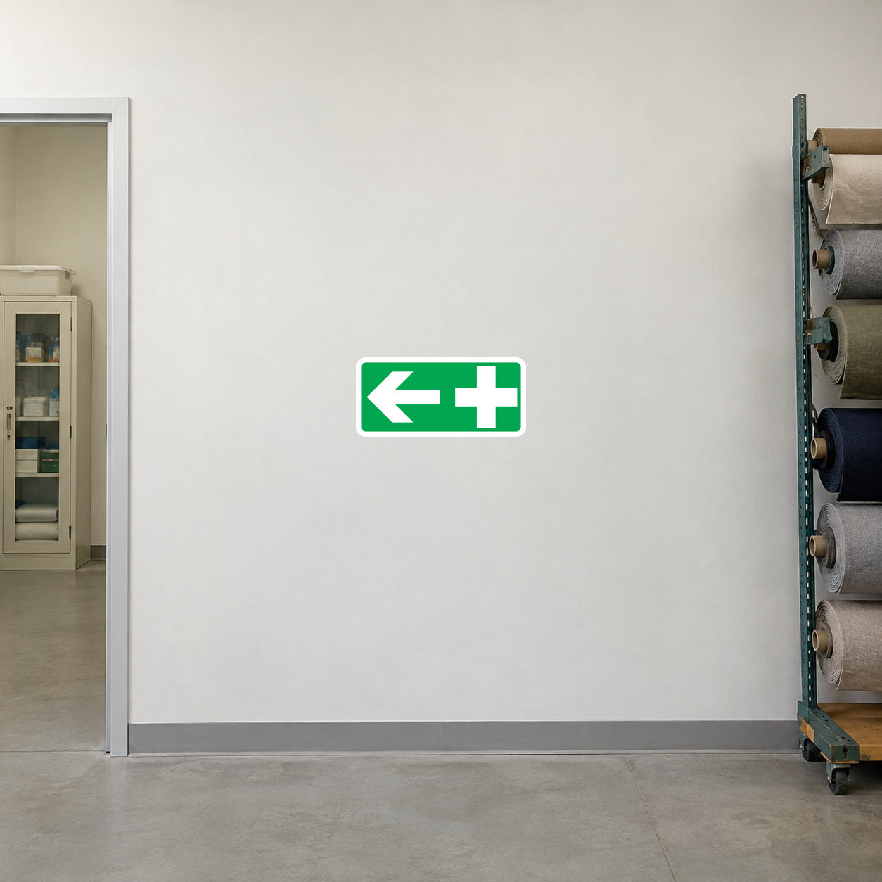 First Aid Shower Sticker applied in Blank smooth off-white corridor wall in a furniture upholstery factory, first aid room doorway at extreme LEFT, an unmarked medical cabinet partly visible inside, textile rack far right.