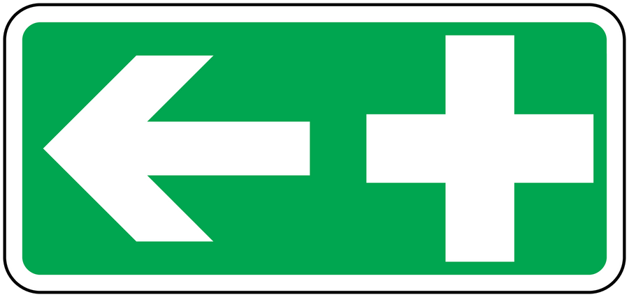 First aid shower sticker with white arrow and plus medical cross on green
