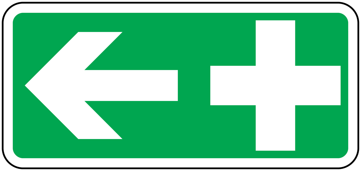 First aid shower sticker with white arrow and plus medical cross on green