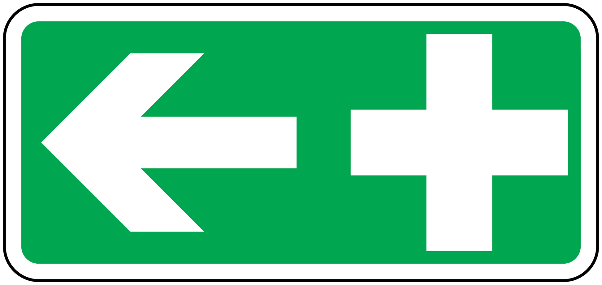 First aid shower sticker with white arrow and plus medical cross on green