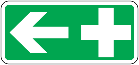 First aid shower sticker with white arrow and plus medical cross on green