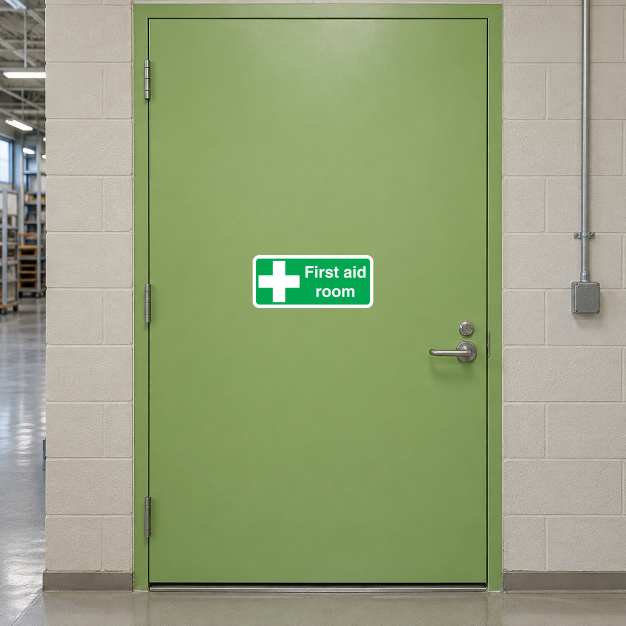 First aid room wall sticker with green background, white cross and text